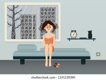 Sad woman  sit  in her bed.  Cloudy rainy morning. Vector flat design.  Conceptual  character. 