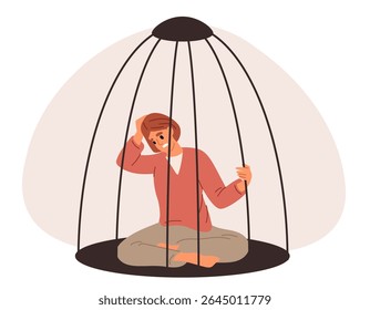 Sad woman sits in cage. Limitation and confinement. Trapped female. Girl in birdcage. Anxiety and depression. Psychological limit. Mental control. Loneliness in prison