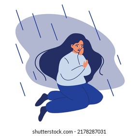 Sad woman sits on the floor. Upset sad girl suffer from loneliness and solitude. Depression and apathy concept. Emotional burnout. Flat vector illustration.