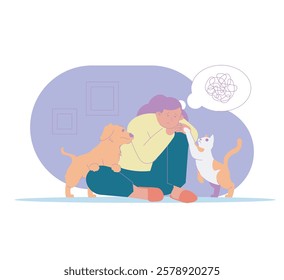 A sad woman sits on the floor, comforted by her cat and dog, symbolizing the emotional support and companionship that pets provide in times of stress and sadness.