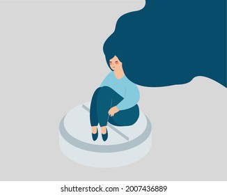 Sad woman sits on a pill. Stress, depression, anxiety meds. Anti-depressant's side effects on women's psychology. mental health disorder, sedatives, rehabilitation concept . Vector illustration.