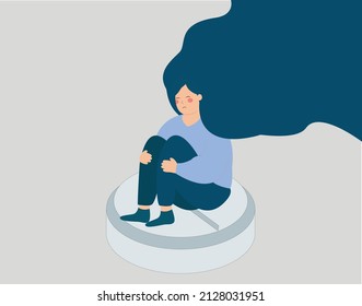 Sad woman sits on a pill and holds her knees. Stressed girl looks depressed and sits on an anti-depressant. Sedatives side effects on woman psychology, addiction and rehabilitation concept. Vector.