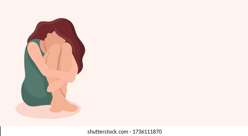 Sad Woman Sits. Victim Of Domestic And Sexual Violence. Social Problems. Support For Women. Banner For Web Site Or Social Networks. Space For Text.Vector Cartoon Illustration.