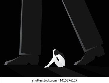 sad woman sitting alone between man walking vector illustration. violence against women. sexual harassment concept