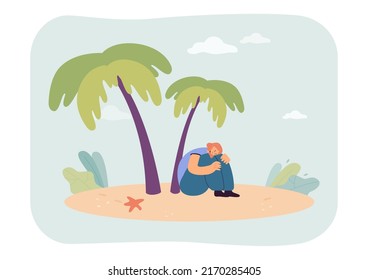Sad woman sitting alone on small tropical island with palm tree. Lost unhappy girl surrounded waters of sea flat vector illustration. Sorrow concept for banner, website design or landing web page