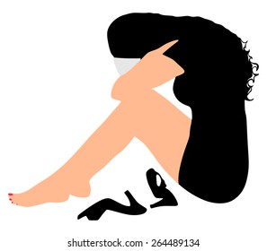 Sad Woman Sitting Alone , Vector