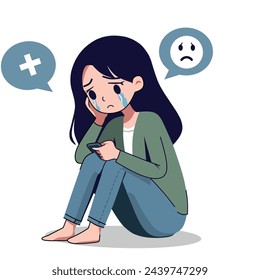 sad woman sitting alone while playing with gadgets