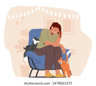 Sad Woman Sitting In A Chair With Two Cats In A Cozy Home Environment. Cartoon Vector Female Character Displays Sadness While Being Comforted By Pets, Conveying Emotion Of Loneliness And Companionship