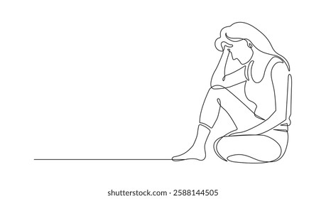 Sad Woman is Sitting Continuous One Line Drawing. Concept of Problems, Depression and Troubles in Simple Linear Style. Female Sad in Editable Stroke. Doodle Contour Vector Illustration. Not AI