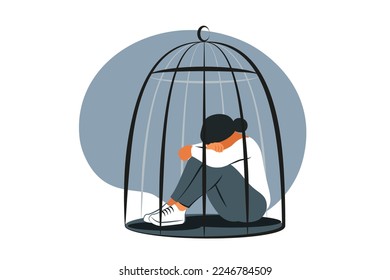 Sad woman sitting inside the closed cage. Mental disorder concept. Frustrated stressed woman having anxiety problems, stress, headache. Vector illustration.