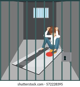 Sad woman sitting in jail burden in prison of credit card, vector illustration cartoon