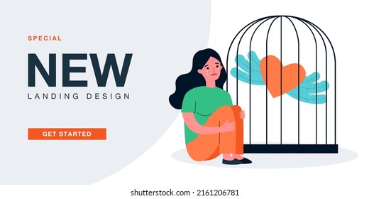 Sad woman sitting near cage, trapped heart with wings inside. Crying girl feeling despair and anxiety flat vector illustration. Abuse, violence concept for banner, website design or landing web page