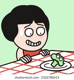 Sad Woman Sitting Near Plate With Vegetables Broccoli And Tired From Diet Concept Card Character illustration