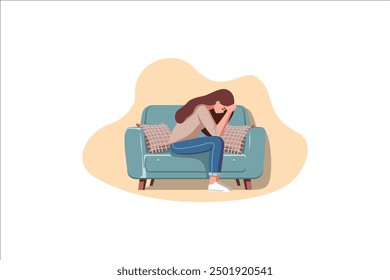 Sad woman sitting on armchair in flat design. Front view of unhappy female worrying about her problem.

