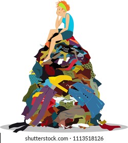 Sad woman sitting on a big pile of useless clothes having nothing to wear, EPS 8 vector illustration