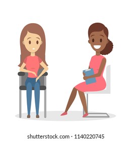 Sad woman sitting on the chair talking to female psychologist. Visit to psychiatrist and depression treatment. Isolated flat vector illustration