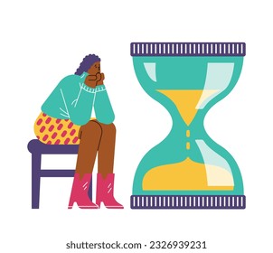 Sad woman sitting on chair and looking at hourglass, flat vector illustration isolated on white background. Frustrated woman watching time run away in sand glass. Waiting and deadline concepts.
