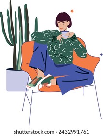 Sad woman sitting on chair and thinking. Young relaxed girl at creative work set. Serious cartoon female character resting. Artist, author, blogger. Flat graphic vector illustration isolated