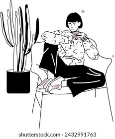 Sad woman sitting on chair and thinking. Young relaxed girl at creative work set. Serious cartoon female character resting. Artist, author, blogger. Flat graphic vector illustration isolated