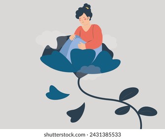 Sad woman sitting on the fading flower suffers from depression and stress. Teenage girl lost of interest and sense of pleasure in her life. Mental health disorders, menopause and hormone level concept