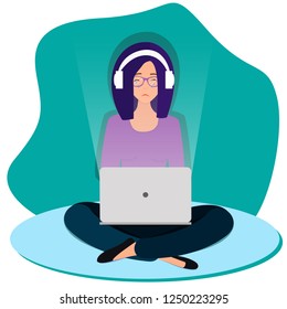 Sad woman is sitting on the floor with legs crossed. woman crying and listening to sad music. Woman blogger work in social media.  Vector illustration