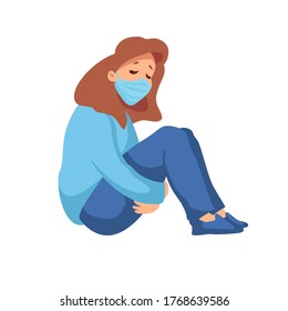 Sad woman is sitting on the floor and holding her legs, vector