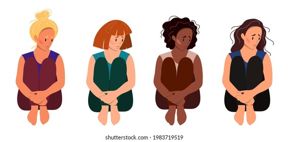 Sad woman sitting on the floor. Concept of mental disorder. Colorful vector illustration in flat cartoon style.