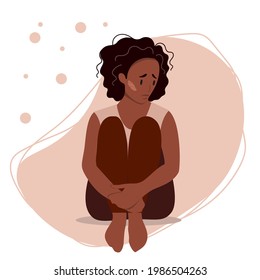 Sad woman sitting on the floor. Concept of mental disorder. Colorful vector illustration in flat cartoon style.