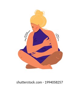 Sad woman sitting on the floor hugging pillow. Concept of mental disorder. Colorful vector illustration in flat cartoon style.
