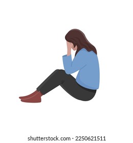 Una mujer triste está sentada en el suelo. Ilustración de color aislada del vector de vista lateral.