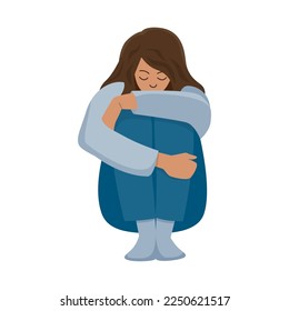 Sad woman is sitting on the floor. Front view vector color isolated illustration.
