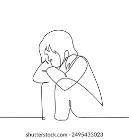 sad woman sitting on the floor with her arms crossed and her head down - one line art vector. concept female depression, apathy, helplessness, sadness, melancholy, laziness. Handmade vector not AI