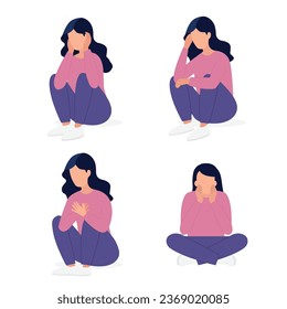 Sad woman sitting on the floor.Character with psychological problems isolated on a white background.