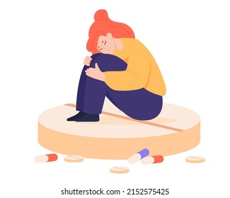 Sad woman sitting on huge pill flat vector illustration. Depressed girl taking hormonal medications, drugs or antidepressant, having mental disorder, psychological problems. Anxiety, depression