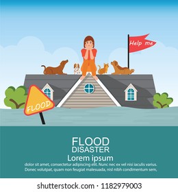 Sad woman sitting on roof of house with her pet after water flood emergency and waiting for helping, Flood disaster vector illustration.