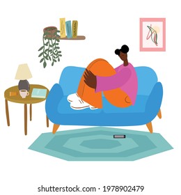 Sad woman sitting on sofa. Woman sitting at home. The concept of procrastination and apathy. Woman are depressed. Flat illustration. 