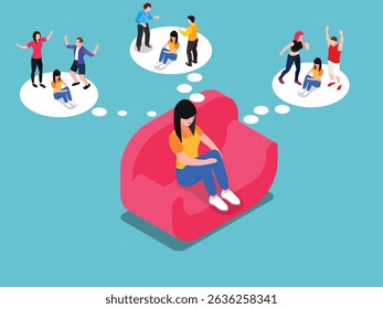 sad woman sitting on a sofa, surrounded by thought bubbles depicting various social interactions where she feels judged or excluded isometric 3d vector illustration