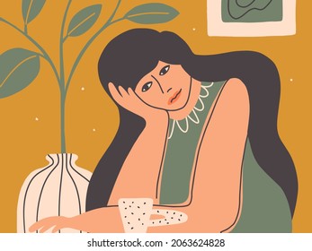 Mujer triste sentada en la mesa descansando de la cabeza en la mano. Una infeliz cara solitaria y distante. Depresión, ansiedad, problemas de salud mental. Madre cansada en casa. Ilustración vectorial de la frustración de las mujeres