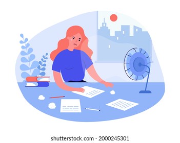 Sad Woman Sitting At Table And Writing. Sheets Of Paper On Desk, Crumpled Paper, Anxious Female Character Flat Vector Illustration. Creativity Crisis, Journalism Concept For Banner, Website Design