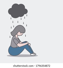 Sad woman sitting under dark cloud vector. Depression concept. Anxiety and negative thoughts.