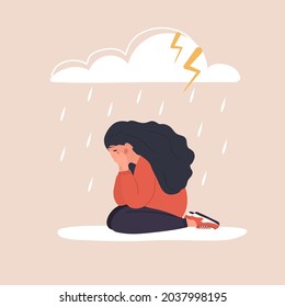 Sad woman sitting under rainy cloud. Depressed teenager crying. Mood disorder concept. Unhappy girl needs psychological help. Vector illustration in cartoon style.