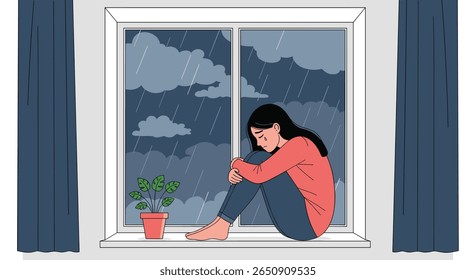 Mulher triste sentada na janela assistindo tempestade fora melancólica sensação e depressão humor