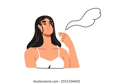 Sad woman smoking cigarette, crying in despair. Depressed stressed exhausted female character in tears. Depression and melancholy concept. Flat vector illustration isolated on white background