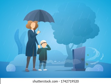 Sad woman with son grieving in a cemetery. Woman standing at the gravestone of her beloved husband. Rainy day. Family member death from the coronavirus. Vector flat illustration concept.