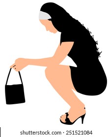 Sad woman squatting, vector 