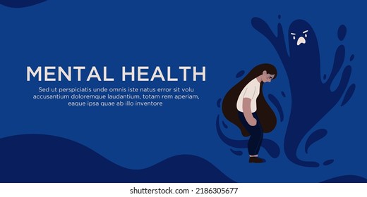 Sad woman standing near inner fear monster. Flat vector illustration for banner, website, landing page. Depression, psychology, psychotherapy, mental health care concept. Sadness, grief, panic attack