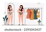 Sad woman standing near wardrobe. Young girl in underwears look at mirror. Person cant choose outfit. Fashion, trend and style. Cartoon flat vector illustration isolated on white background