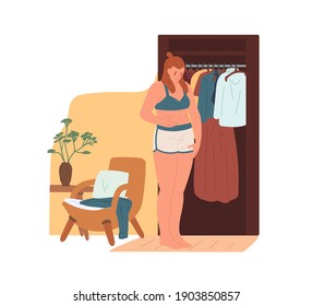 Sad woman standing near wardrobe and touching her belly. Female character with overweight upset about tummy and extra kilos. Flat vector illustration isolated on white background