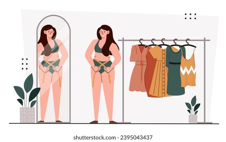 Mujer triste cerca del armario. Muchacha con ropa interior mira al espejo. La persona no puede elegir un traje. Moda, tendencia y estilo. Dibujo vectorial plano de dibujos animados aislado en fondo blanco