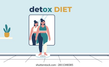 Sad woman standing on a bathroom scale looking at her reflection in the mirror with detox diet text above her.